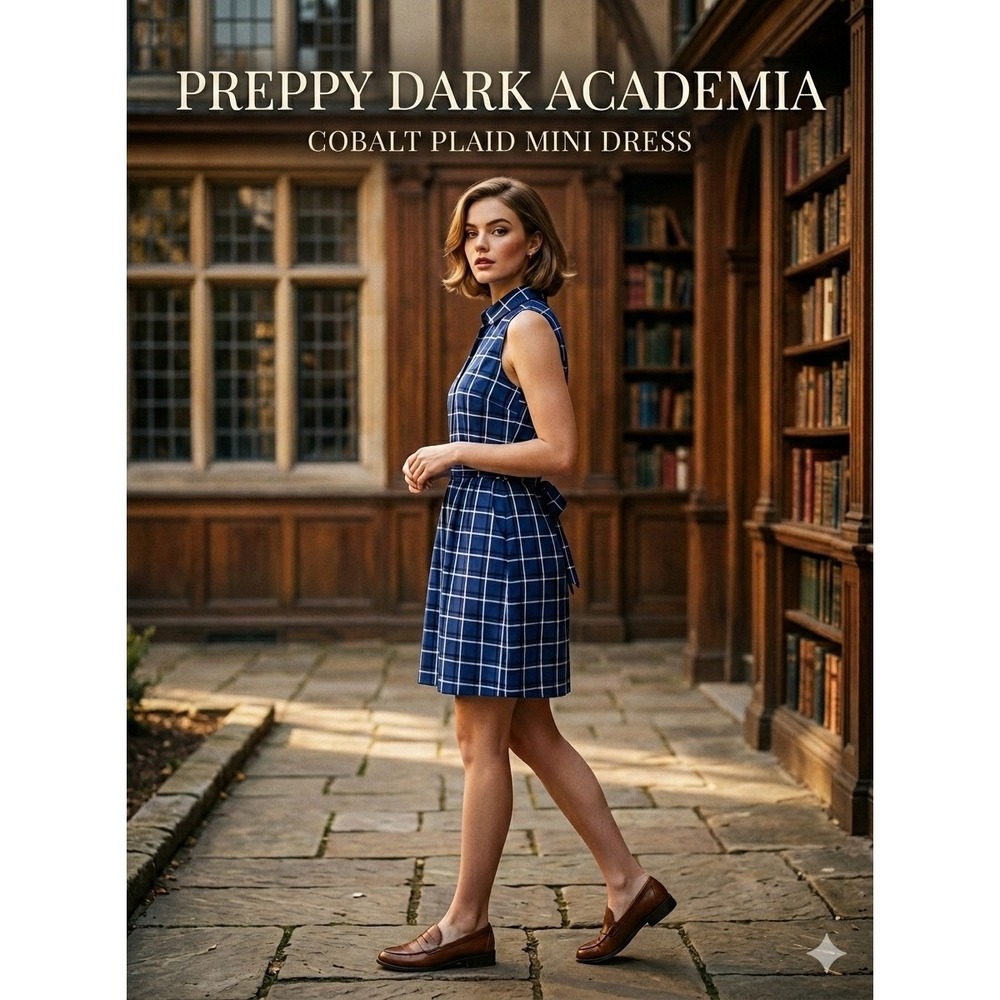 Banana Republic Women Sleeveless Mini Dress 8 Blue Plaid Preppy Dark Academia